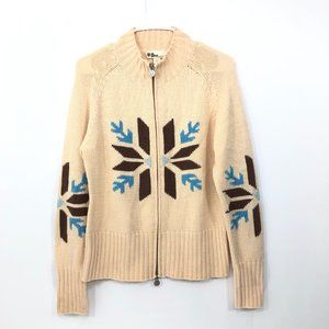 Zip-Front Snowflake Knit Cardigan Sweater - Beige